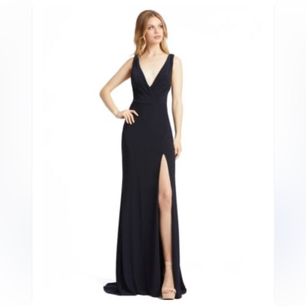 Mac Duggal Leena sleeveless Navy plunge slit V neck jersey gown 12336 sz 12 $298